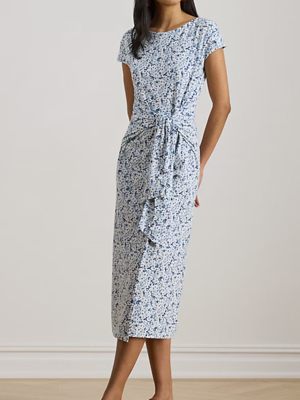 Lauren Ralph Lauren Maesun Jersey Dress Blue Floral Tie-Waist Dress Large New